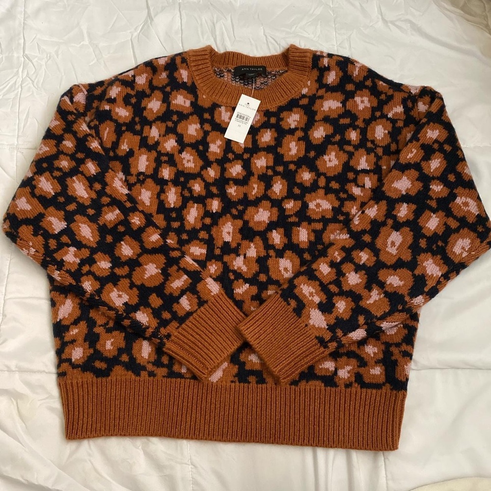 new with tags ann taylor orange navy blue and pink patterned sweater!